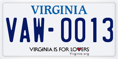 VA license plate VAW0013