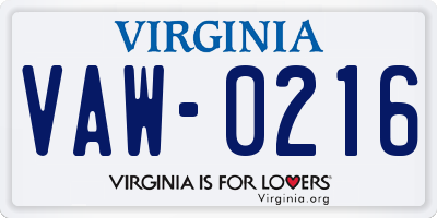 VA license plate VAW0216