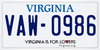 VA license plate VAW0986