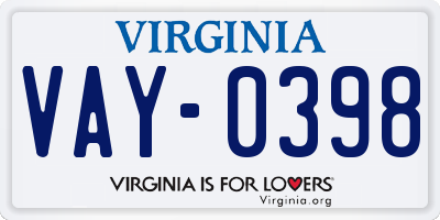 VA license plate VAY0398
