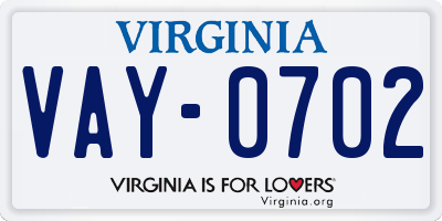 VA license plate VAY0702