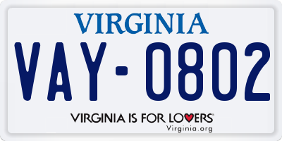 VA license plate VAY0802