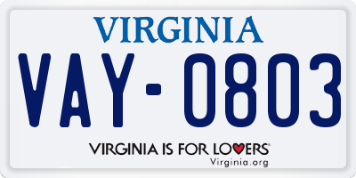 VA license plate VAY0803