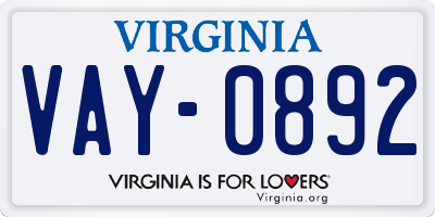 VA license plate VAY0892