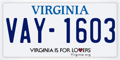 VA license plate VAY1603