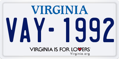 VA license plate VAY1992