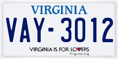 VA license plate VAY3012