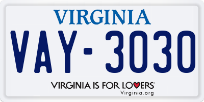 VA license plate VAY3030