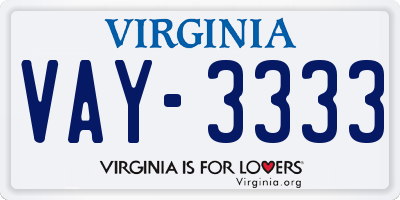 VA license plate VAY3333