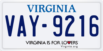VA license plate VAY9216