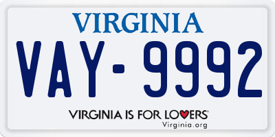 VA license plate VAY9992