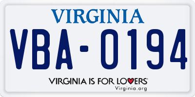 VA license plate VBA0194