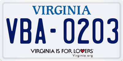 VA license plate VBA0203