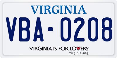 VA license plate VBA0208