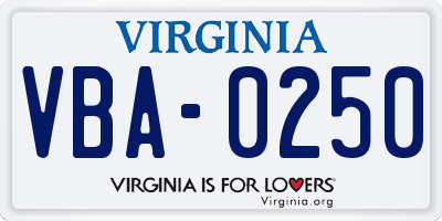 VA license plate VBA0250