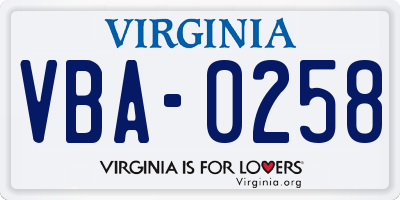 VA license plate VBA0258