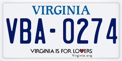 VA license plate VBA0274