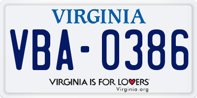 VA license plate VBA0386