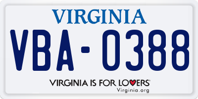 VA license plate VBA0388