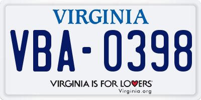 VA license plate VBA0398