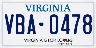 VA license plate VBA0478