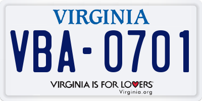 VA license plate VBA0701