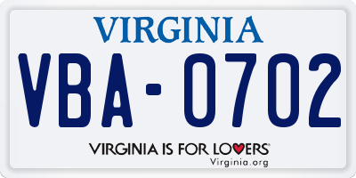 VA license plate VBA0702