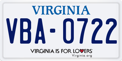 VA license plate VBA0722