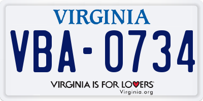 VA license plate VBA0734