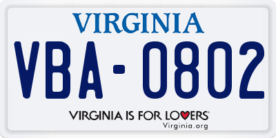VA license plate VBA0802