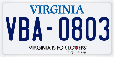 VA license plate VBA0803