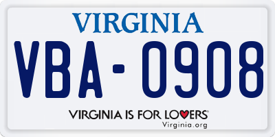 VA license plate VBA0908