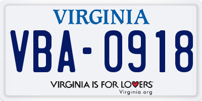 VA license plate VBA0918