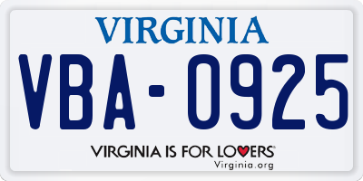 VA license plate VBA0925