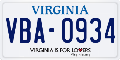 VA license plate VBA0934