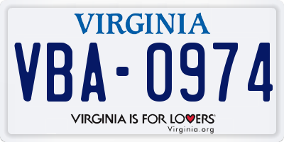 VA license plate VBA0974