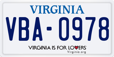 VA license plate VBA0978