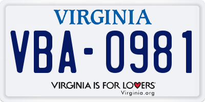 VA license plate VBA0981