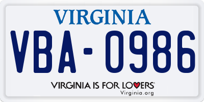 VA license plate VBA0986