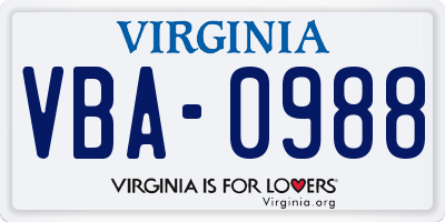 VA license plate VBA0988