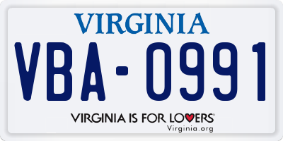 VA license plate VBA0991