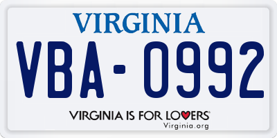 VA license plate VBA0992