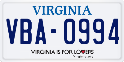 VA license plate VBA0994