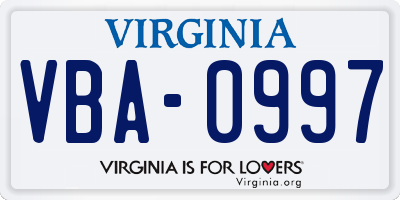 VA license plate VBA0997