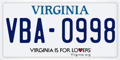 VA license plate VBA0998