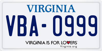 VA license plate VBA0999