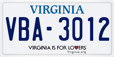 VA license plate VBA3012