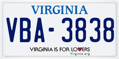 VA license plate VBA3838