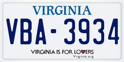 VA license plate VBA3934