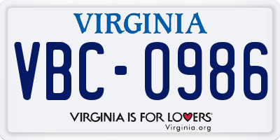 VA license plate VBC0986